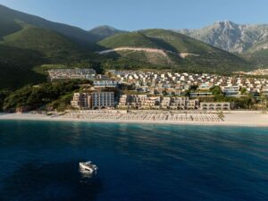 Aerial view of Green Coast Hotel MGallery on the Albanian Riviera near Palasë beach